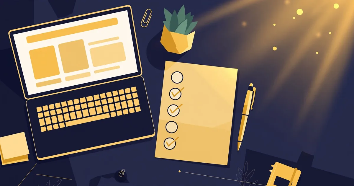 Laptop and checklist on a desk in navy and gold tones, representing hiring a web developer