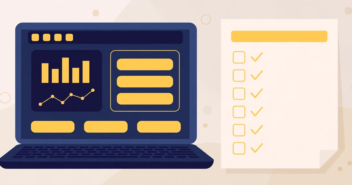 Laptop showing an online store dashboard in navy and gold, next to a launch checklist