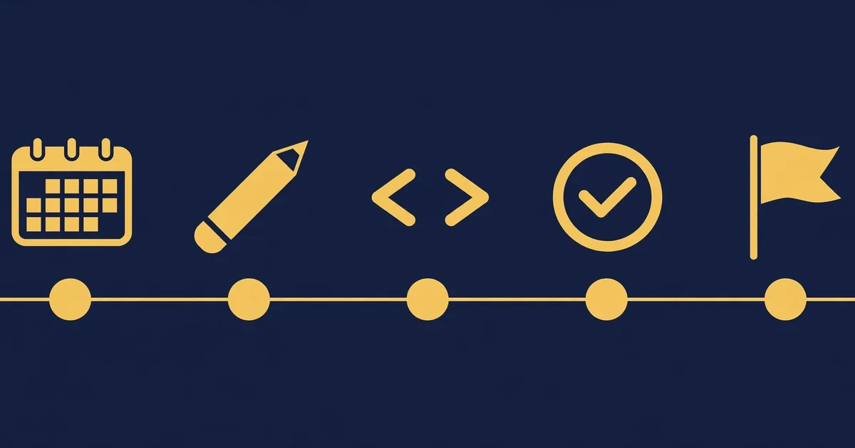 Timeline graphic in navy and gold showing the five phases of building a website