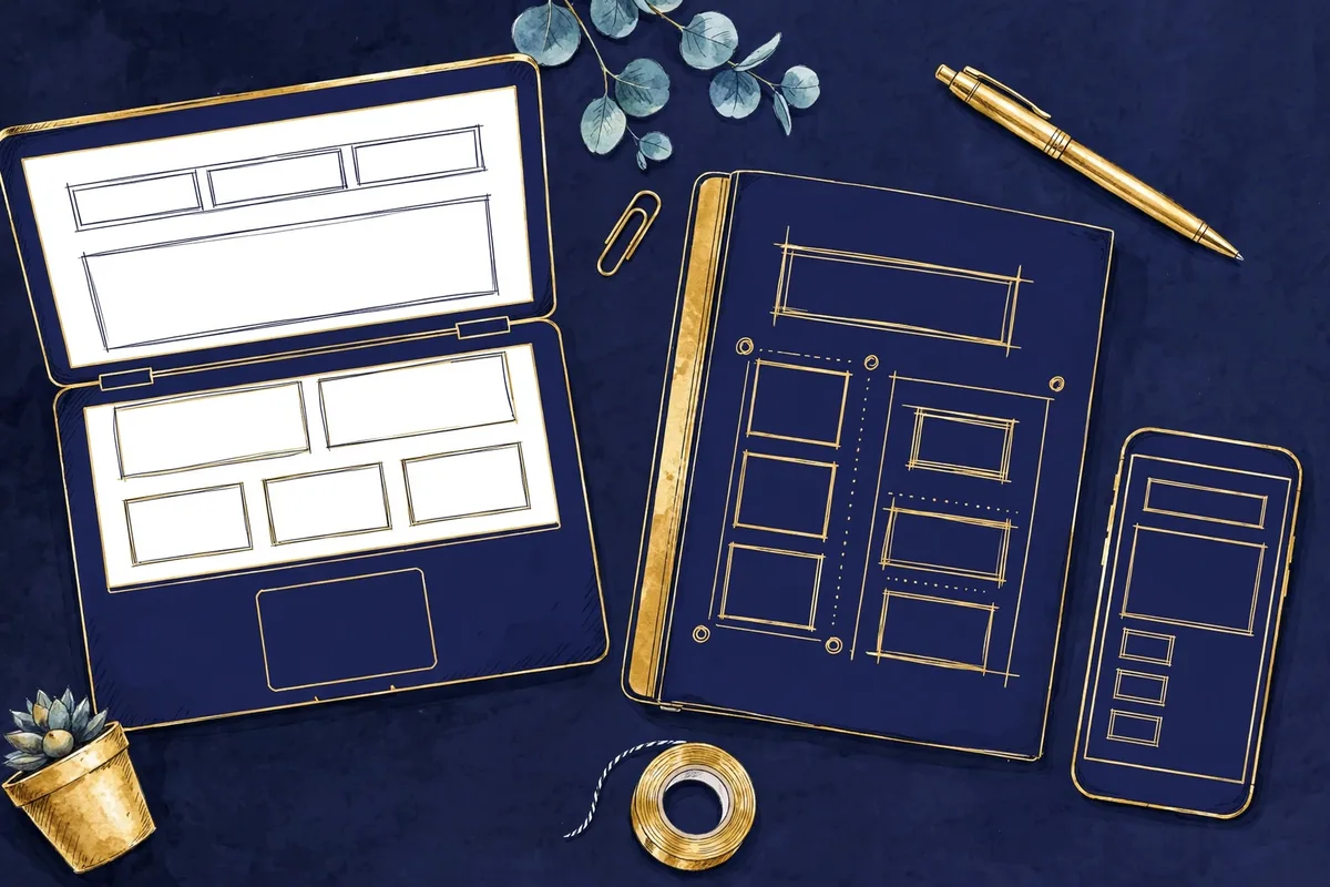 Laptop with a website wireframe and a notebook sketch during the design phase